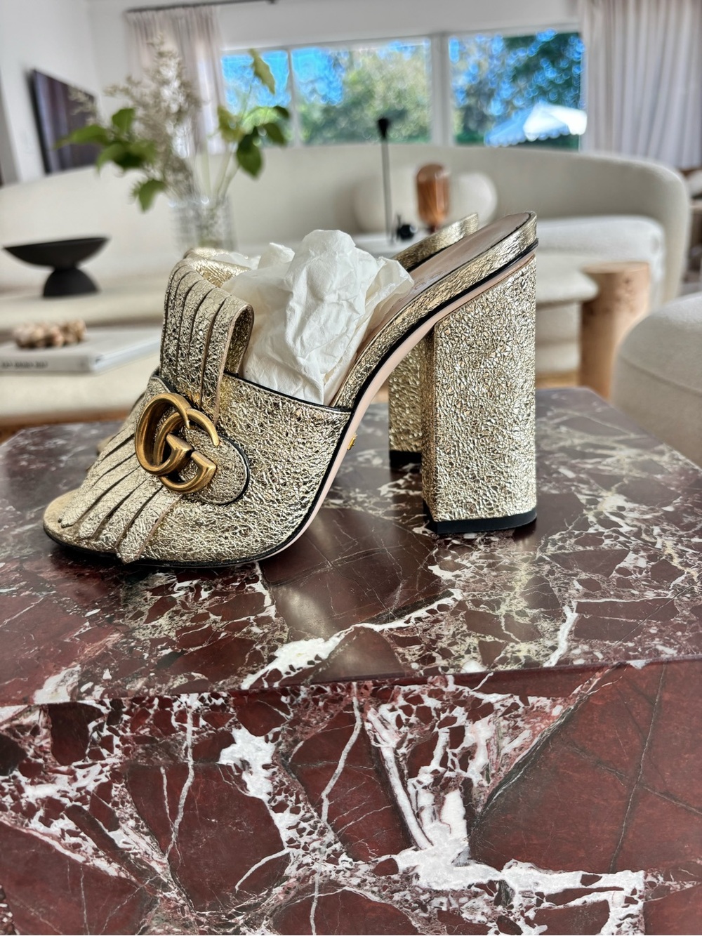 Gucci Gold Textured GG-Fringe Block Heel Mule
